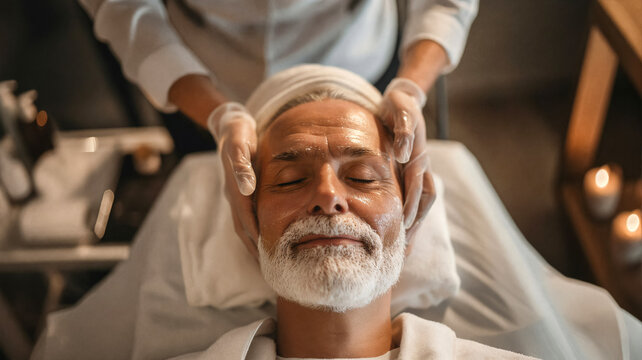 Smiling older man enjoying a relaxing facial treatment at a spa, lying with eyes closed while a specialist in gloves gently holds his face, promoting skincare, relaxation, and well-being