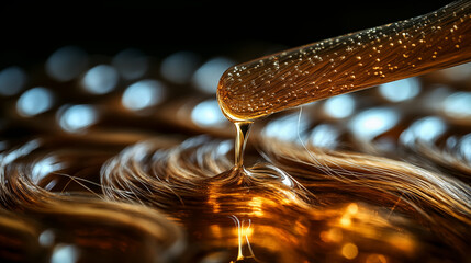 Honey-colored industrial liquid dripping from metal tool against blurred background. Close-up manufacturing process showing viscous golden substance for industrial applications and material science