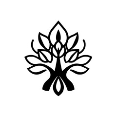 Symmetrical black minimalist illustration of a tree, leaves, and negative space.