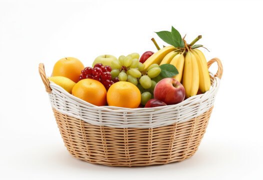 Rattan basket with fresh fruit on white background - Powered by Adobe