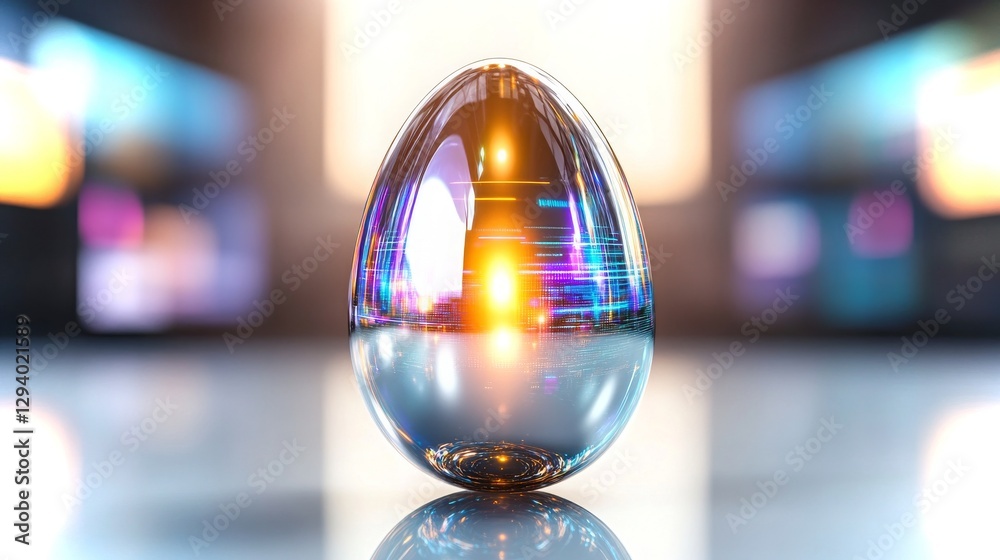 Poster reflective egg on a shiny surface with digital light patterns in the background during evening hours