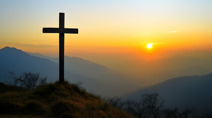 Stunning mountaintop view with a wooden cross silhouetted against a golden sunrise, representing hope and faith