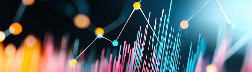 A vibrant digital graph depicting data trends with colorful lines and dots against a dark background, showcasing analytical insights.