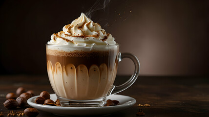 Warm Creamy Hazelnut Coffee Drink Whipped Cream Glass Mug Dark Background