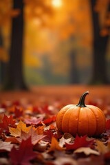 Autumnal Still Life A Single Pumpkin Amidst Vibrant Fallen Leaves in a Sun-Dappled Forest