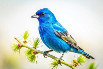 Fototapeta premium Indigo Bunting Bird on Branch, High Key White Background, Forced Perspective Photography