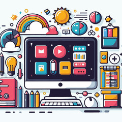 computer, technology, digital, business, communication, laptop, tech, device, design, pc, work, internet, office, web, desktop, monitor, employee, information, modern, data, electronic, vector, backgr