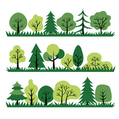 Vector trees set, isolated on a white background. Simple and flat design. Elements for a poster, banner, or card. Forest landscape. Trees icons 