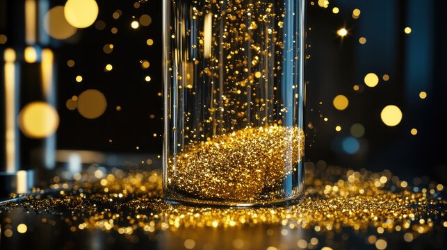 Golden Glitter Sparkles in a Glass Container with Bokeh Background