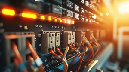 High-Tech Server Rack with Bright Lights and Cables in Data Center
