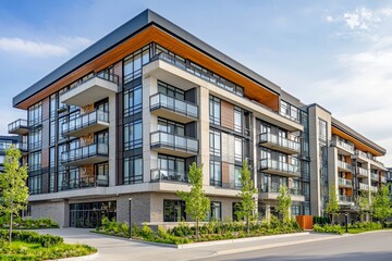 Fototapeta premium Contemporary apartment building with glass balconies and sleek modern design.
