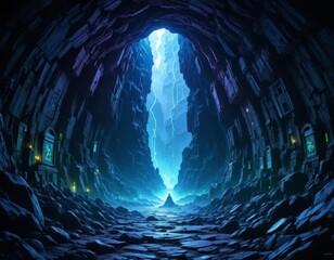 An abyssal glowing chasm filled with mysterious light and ancient secrets