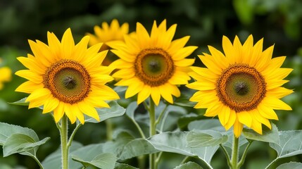 Obraz premium Three vibrant yellow sunflowers in full bloom, their dark centers contrasting beautifully against the bright petals. Green leaves with visible dew