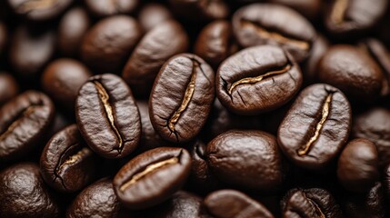 Naklejka premium A close-up view of a rich pile of dark roasted coffee beans set against a warm, textured brown background.