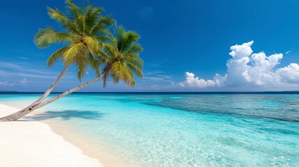 Fototapeta premium Two palm trees on a pristine white sand beach, leaning towards turquoise water under a vibrant blue sky with fluffy white clouds. Idyllic tropical