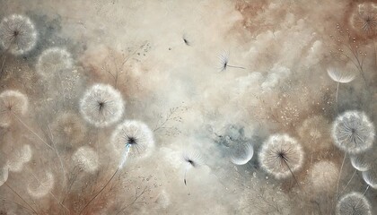 Eine stimmungsvolle Illustration von Pusteblumen, deren Samen sanft im Wind davonfliegen. Warme Beige- und Braunt&ouml;ne schaffen eine vertr&auml;umte und poetische Atmosph&auml;re. Generative KI.