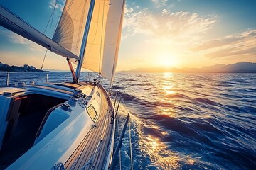 A beautiful yacht sailing towards the stunning evening sunset sky