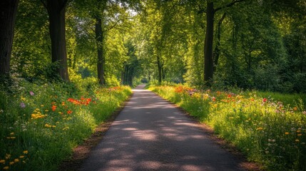 Obraz premium A quiet forest road lined with wildflowers, glowing under the dappled sunlight