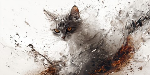 Cat emerging from abstract art with swirling colors and textures in an imaginative display of creativity