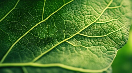 A close-up of a vibrant green leaf, showcasing its intricate veins, set against a soft, blurred green background.