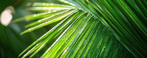 Obraz premium A close-up view of a vibrant green palm leaf adorned with glistening water droplets reflecting light.