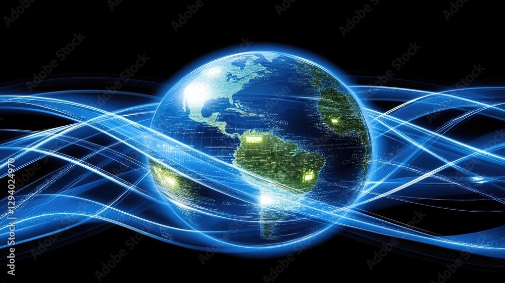 Poster global internet communication represented by a glowing earth with data streams.