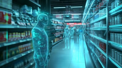 Fototapeta premium Futuristic grocery store scene with holographic shoppers exploring aisles filled with products