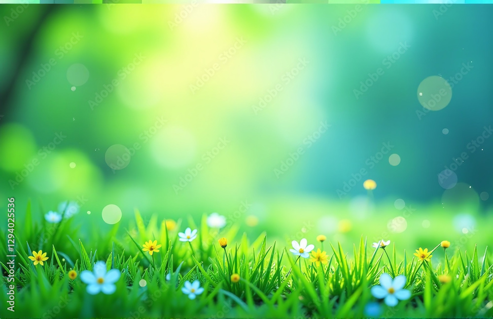 Aufkleber A Vibrant Abstract Spring Landscape Featuring A Calming Mix Of Green And Blue Hues With Subtle Bokeh Effects In The Background.