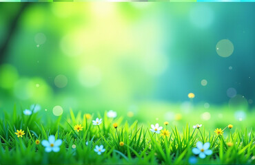 Obraz premium A Vibrant Abstract Spring Landscape Featuring A Calming Mix Of Green And Blue Hues With Subtle Bokeh Effects In The Background.