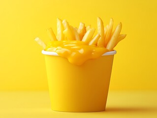 Golden French Fries in a Yellow Cup with Cheese Sauce