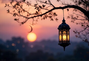 Glowing Lantern at Sunset: A Serene Silhouette