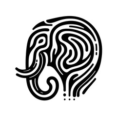 Abstract black and white line art illustration of an elephant head, stylized with flowing, organic patterns.
