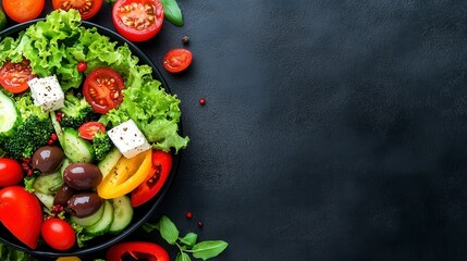 Fresh vegetable salad with feta cheese, olives, and cherry tomatoes on dark background. Healthy food concept. Top view