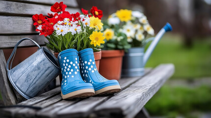 Bright rubber boots rest on a weathered wooden bench, surrounded by colorful potted flowers in bloom, evoking the joy of spring gardening and outdoor relaxation in a serene garden setting