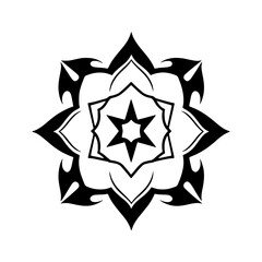 Star-Shaped, Black and White Mandala, symmetrical, and symmetrical symmetrical, star-shaped center.