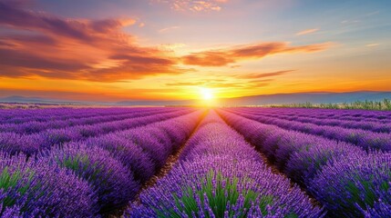 Fototapeta premium A breathtaking lavender field stretches out under a vibrant sunset, casting warm hues across the sky.