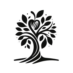 Stylized black and white tree graphic design with an apple.