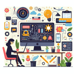computer, technology, digital, business, communication, laptop, tech, device, design, pc, work, internet, office, web, desktop, monitor, employee, information, modern, data, electronic, vector, backgr
