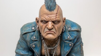 Close up of a weathered male figurine with a mohawk, wearing a denim jacket and chains, against a white background. The figure has a stern