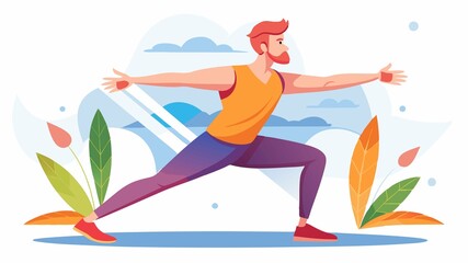 The dynamic pose demonstrates athleticism and grace, blending physical fitness with mindfulness.