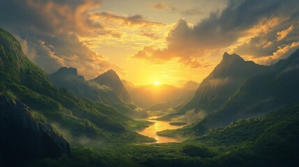 Majestic sunset over a valley with a river.