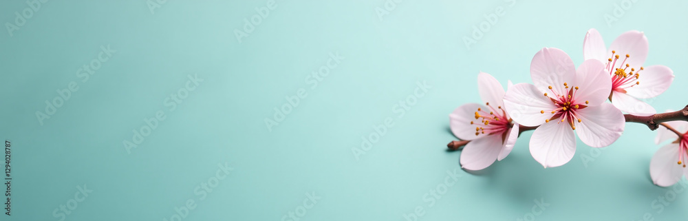 Poster A Subtle Teal Background Features Soft Pinkish Cherry Blossoms In A Simple Yet Elegant Design.