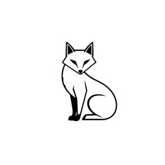 Minimalist black and white illustration of a seated fox, facing the viewer with a serene expression on a white background.