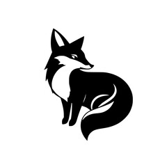 A stylized, minimalist black and white fox logo, fox silhouette on a white background, showcasing natural pose.