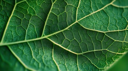 Obraz premium A close-up view of a vibrant green leaf showcasing intricate details, featuring a prominent green vein.