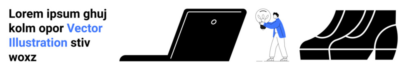 Monochrome laptop, figure analyzing globe with magnifier, and fluid seating shapes. Ideal for technology, research presentation, global reach, minimalism, innovation, travel concepts flat landing