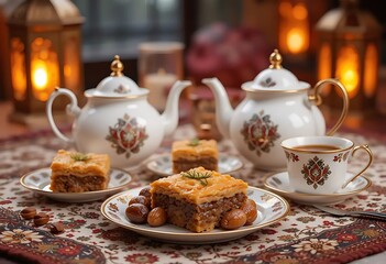 Fototapeta premium Golden Baklava Squares: A Warm, Elegant Tea-Time Delight