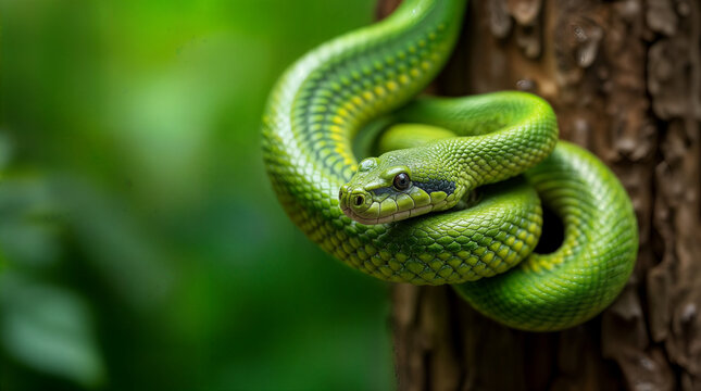 a green snake coiled around a tree trunk in the jungle un serpent vert enroul&eacute; autour d'un tronc d'arbre dans la jungle una serpiente verde enroscada en el tronco de un &aacute;rbol de la selva