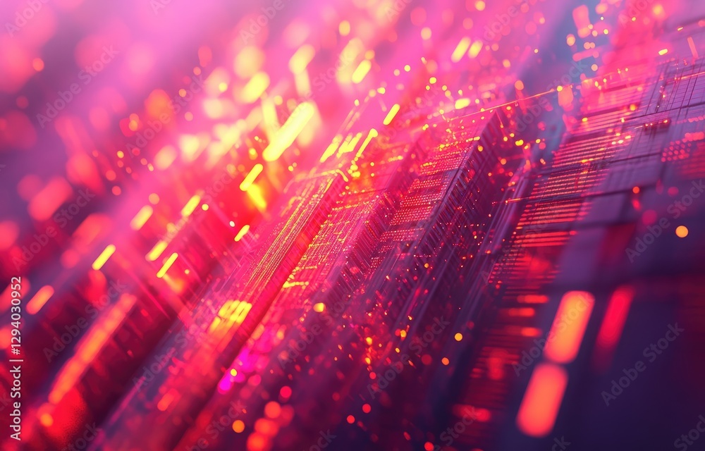 Poster A futuristic digital landscape with glowing red and pink data streams, circuit-like structures, and abstract light particles. Ideal for technology, AI, and cyber themes