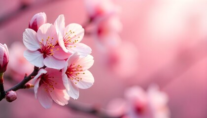 Obraz premium Toma de primer plano de flores de cerezo con un fondo bokeh suave y rosa, las flores son una mezcla de flores abiertas y capullos cerrados, con delicados pétalos rosados ​​y estambres amarillos